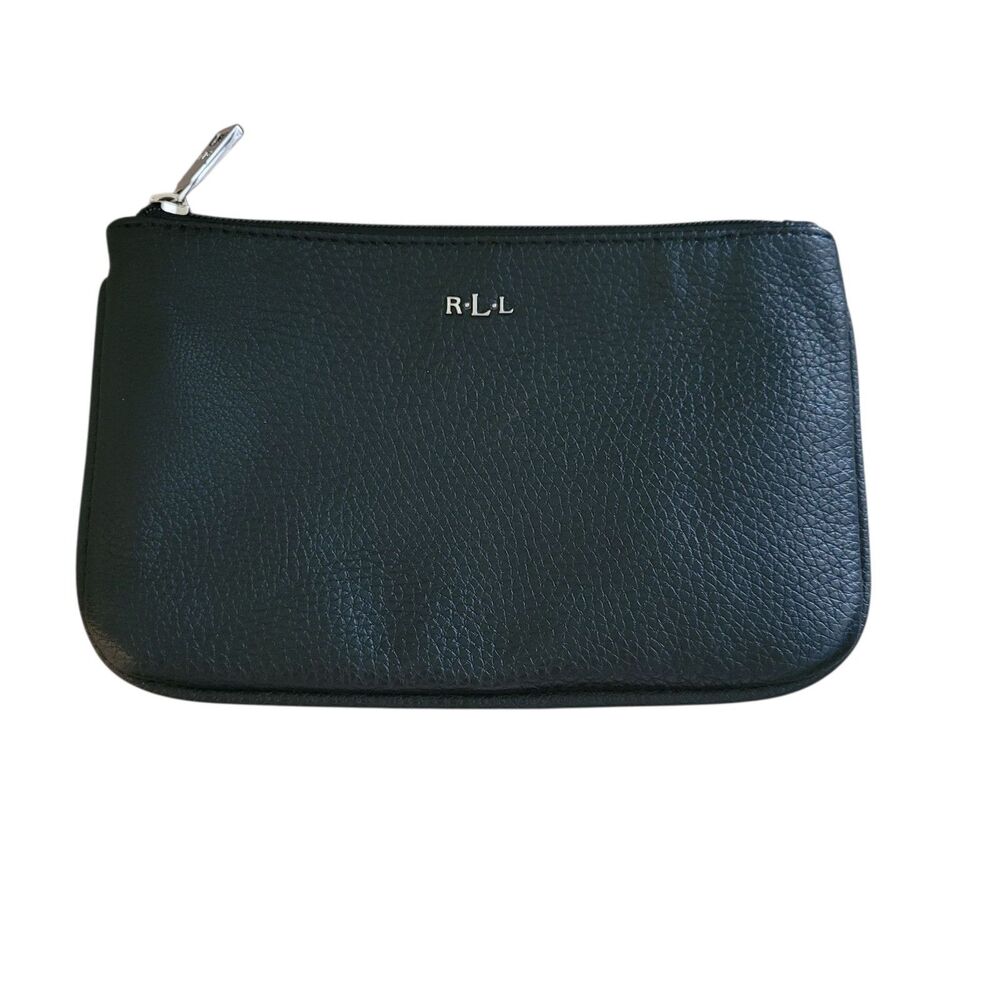 Ralph Lauren Black Pouch Wallet Silver RLL Logo Lined Zip Close Vegan Leather